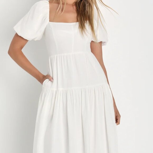 Lulus Favorite Cutie White Linen Lace-Up Midi Dress With Pockets Size Large - Picture 6 of 6